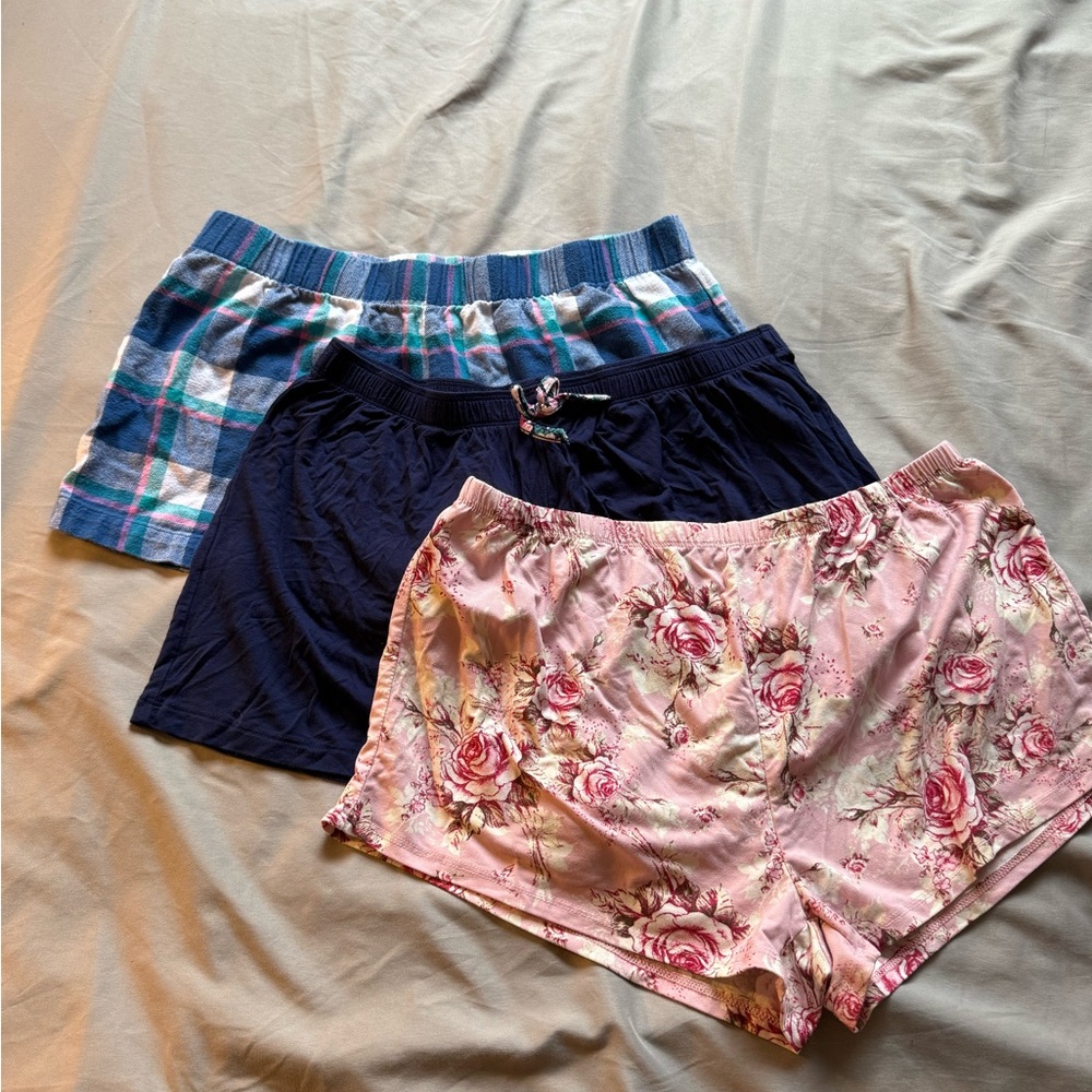 Set of Three Women's Pajama Shorts - Pink Floral, Navy, Plaid